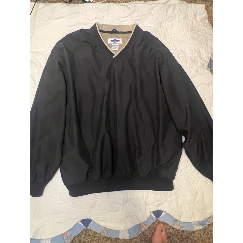 LAL Mens V-Neck Windbreaker Pullover Jacket Black Tan Trim Mesh Lined 2XL